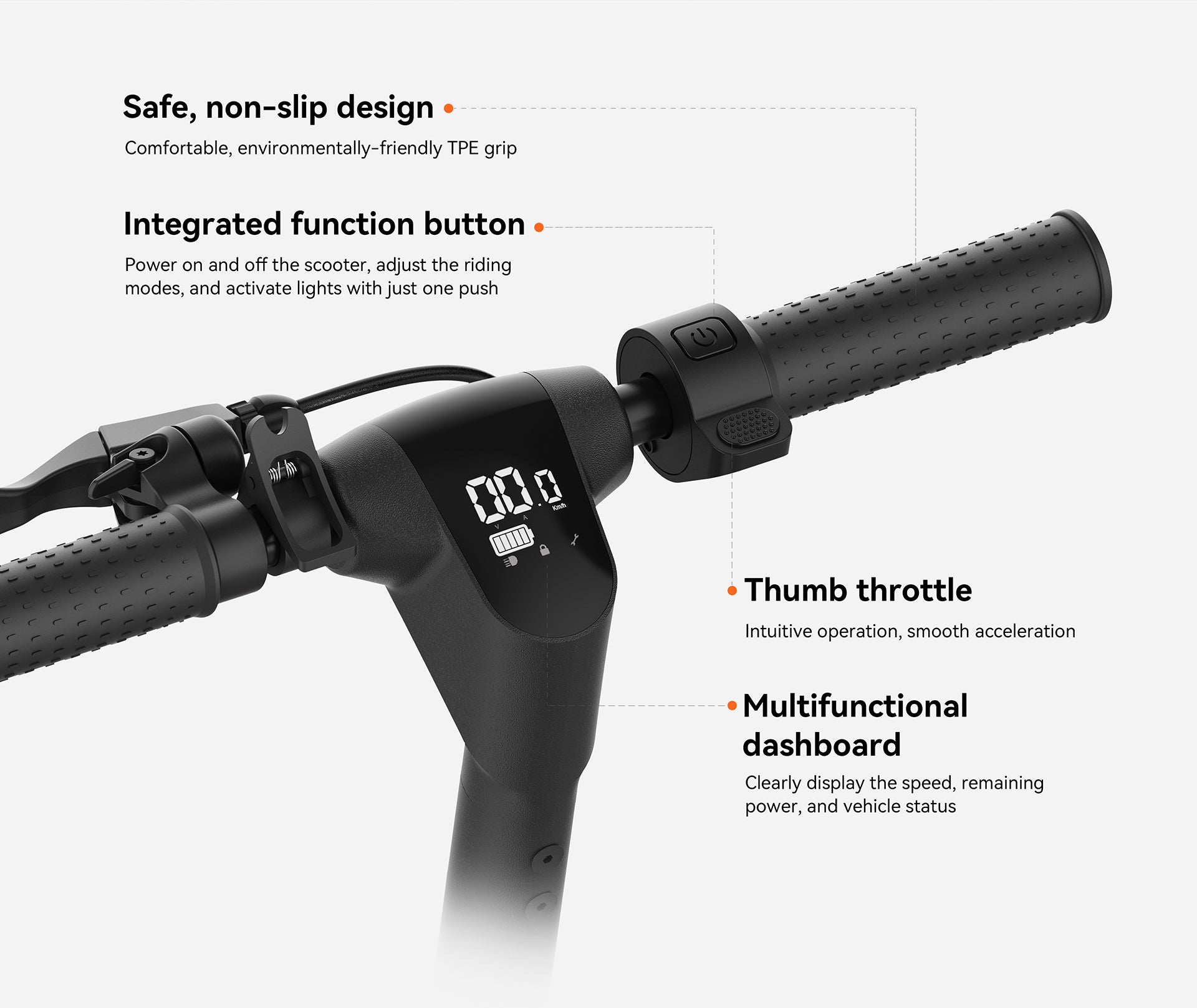 Top handlebar  details of the Kingsong E1 electric scooter.