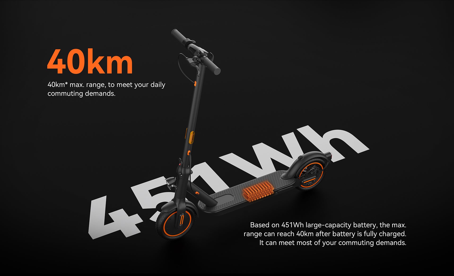 Energy-efficient Kingsong E2 electric scooter with a 451Wh battery.