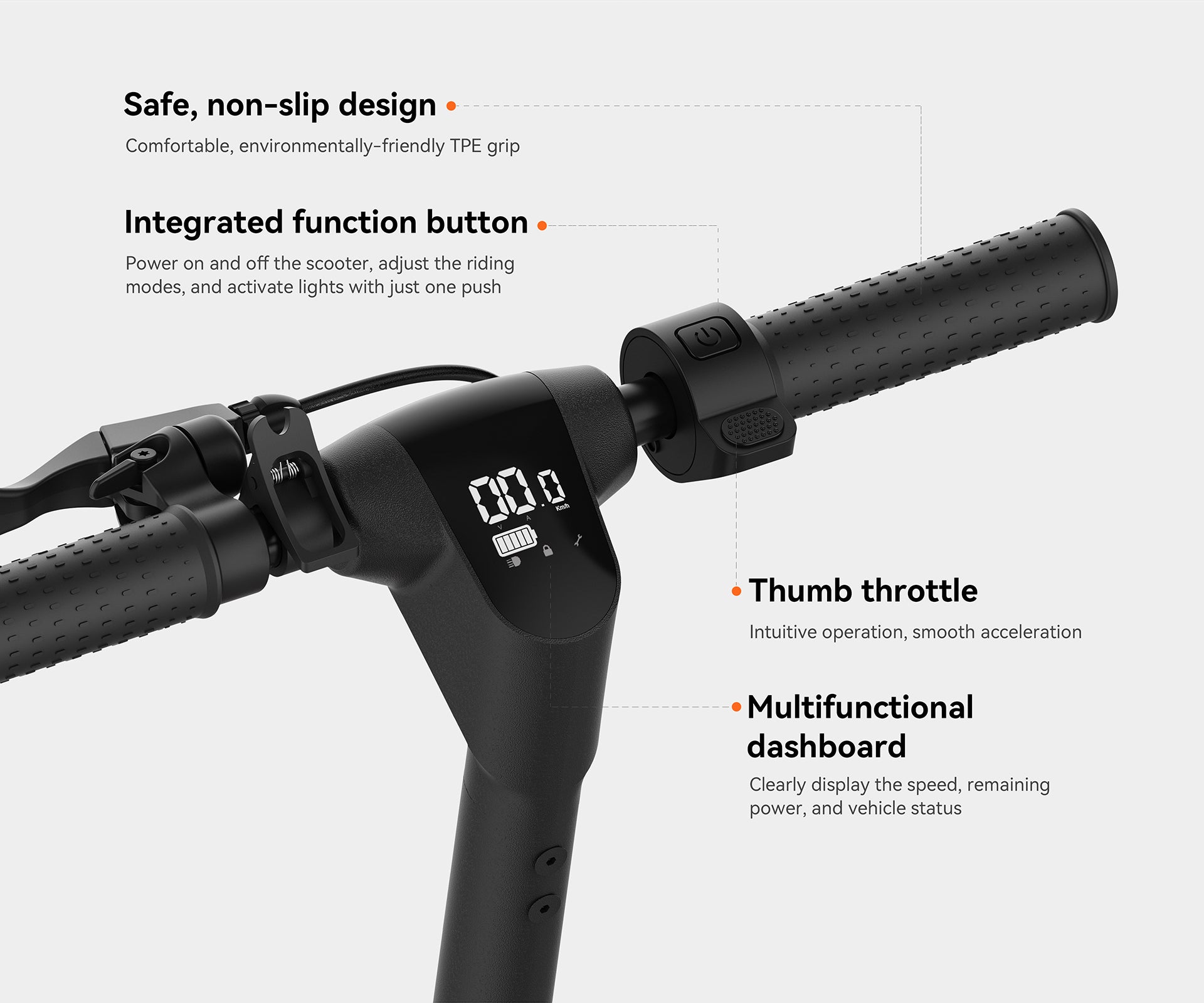 Detailed view of Kingsong E2’s handlebar designed for a safety ride.